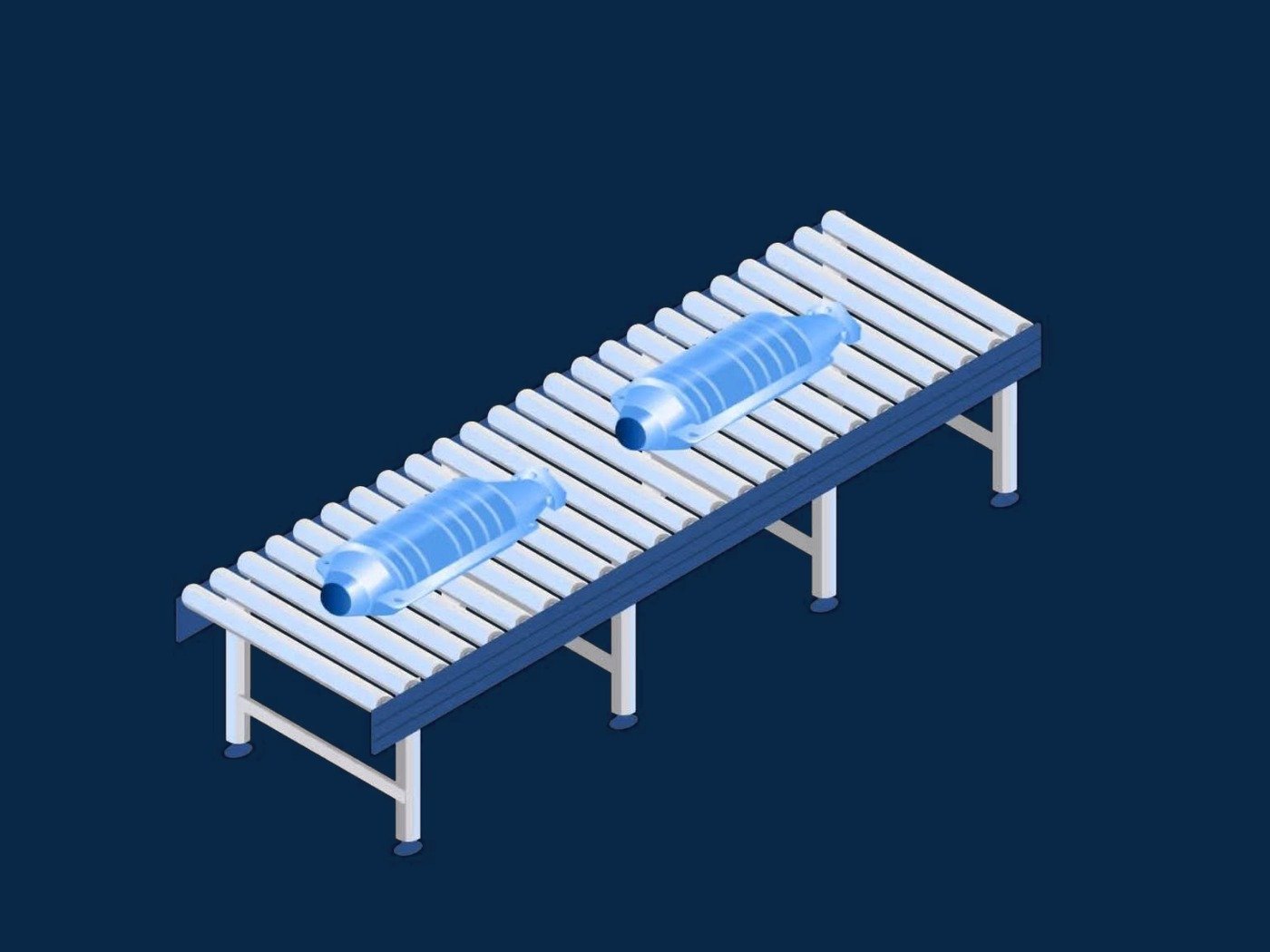 Diagram: catalytic converters moving along a handling conveyor
